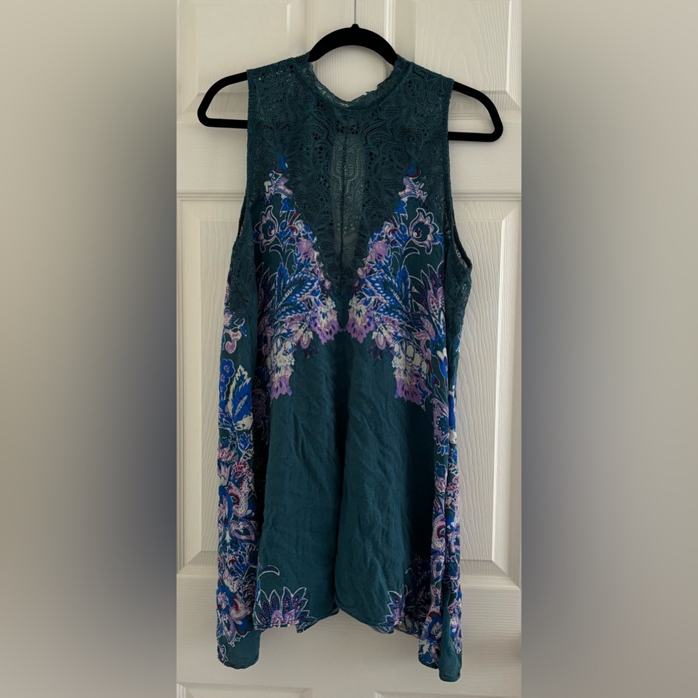 Free People Flowy Top, Teal and Floral Print, Illusion Plunge Neckline, Size L